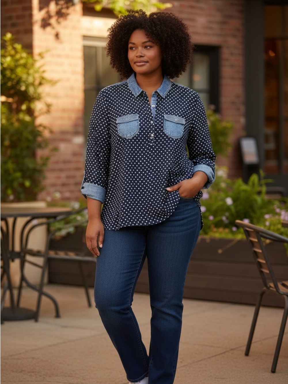 Marie Claire Navy Polka Dot Denim-Trim Blouse size xl